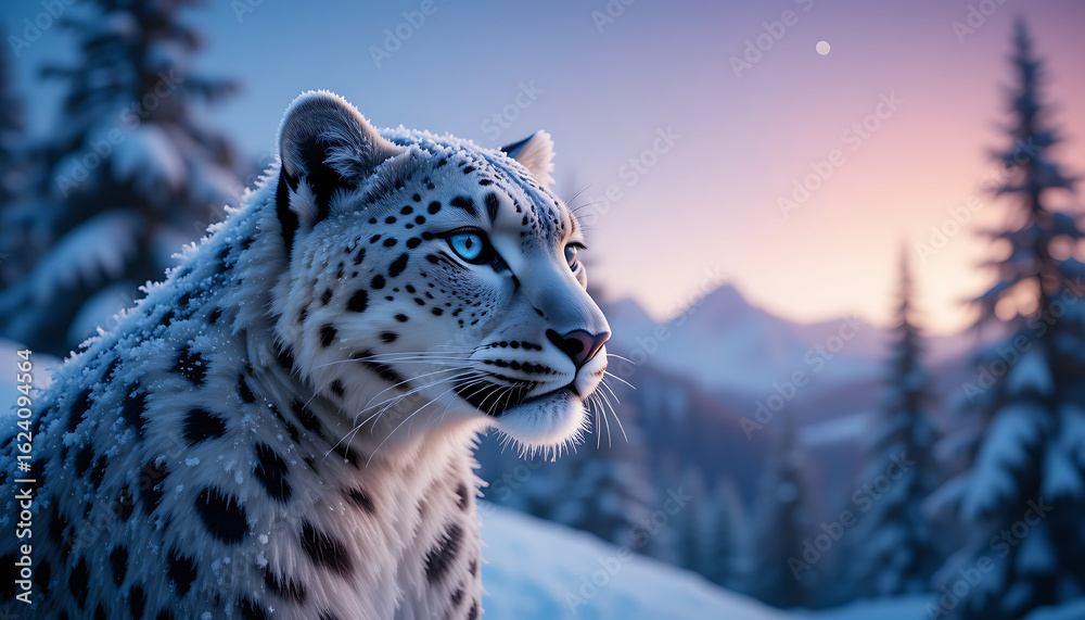 Obraz premium Majestic snow leopard with striking blue eyes gazes intently into a serene winter mountain landscape at dawn with soft pastel sky and snow covered trees