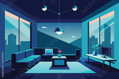 futuristic smart living room with connected device.eps