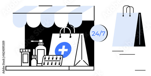 Pharmacy store items thumbs up medicine bottles, pill packs, and sanitizer on a shelf next to bags under an awning. Ideal for healthcare, e-commerce, pharmacy, convenience, delivery, digital