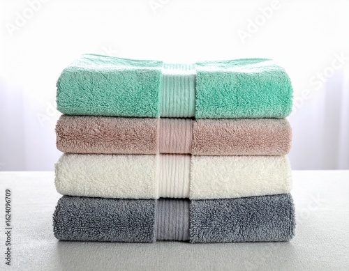 Aesthetic towel stack styled on a neutral textured fabric with pastel shades of seafoam green, blush, off-white, and ash grey. Soft backlighting and shadows for depth.