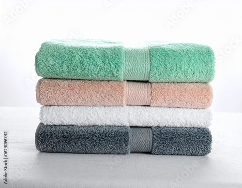 Aesthetic towel stack styled on a neutral textured fabric with pastel shades of seafoam green, blush, off-white, and ash grey. Soft backlighting and shadows for depth.