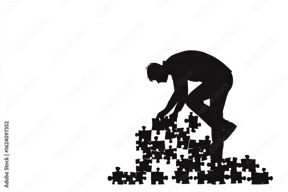 Fototapeta premium Man doing puzzle icon vector illustration isoleted on white background in black silhouette complex photo .