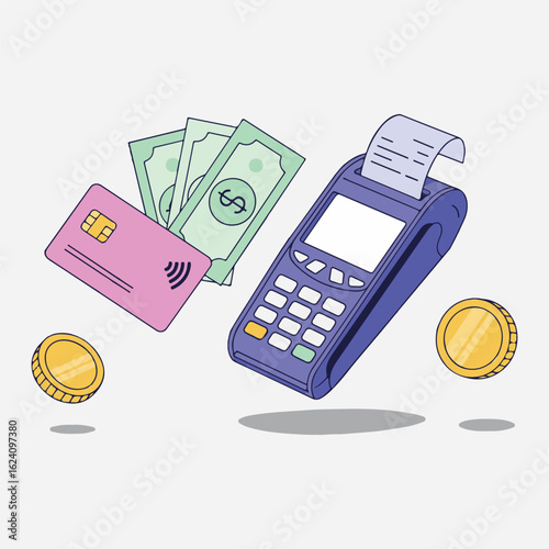 Concept of modern payment methods with POS terminal, credit card, cash, and coins illustration
