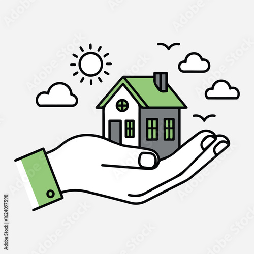 Concept of home ownership and real estate investment with a house held in a hand illustration