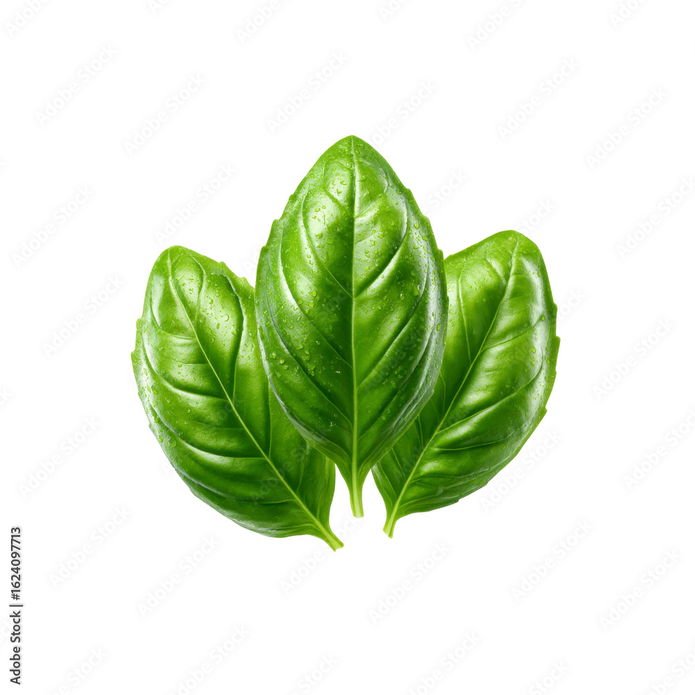 Fototapeta premium Three Fresh Basil Leaves with Water Droplets on Black Background