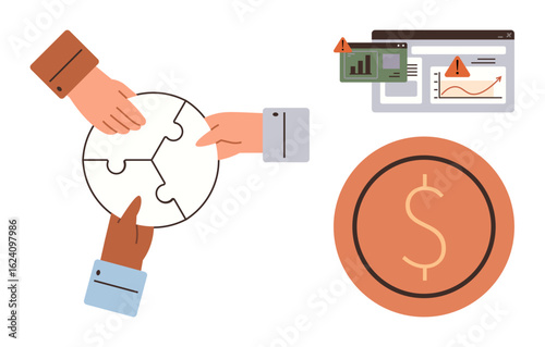 Diverse hands assembling a puzzle, warning signs on data charts, and dollar coin representing collaboration, problem-solving, financial risk, strategy, teamwork, decision-making and growth. Ideal