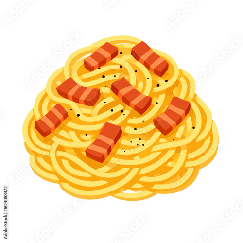 Delicious plate of spaghetti with bacon bits on a white background