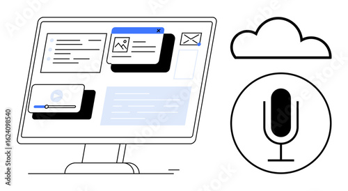Desktop with pop-up windows, player controls, and files paired with cloud and microphone. Ideal for communication, media sharing, collaboration, storage, streaming, voice recognition simple landing