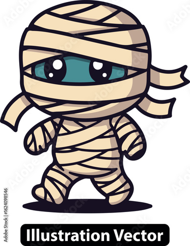 Adorable chibi mummy cartoon with big eyes. Cute vector illustration for a Halloween monster.