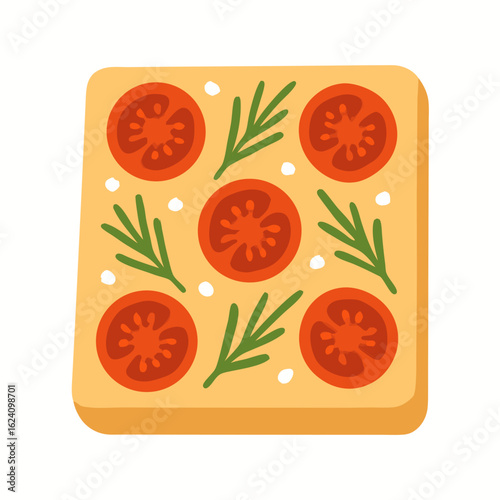 Flat design illustration of toasted bread topped with tomatoes and herbs on a white background