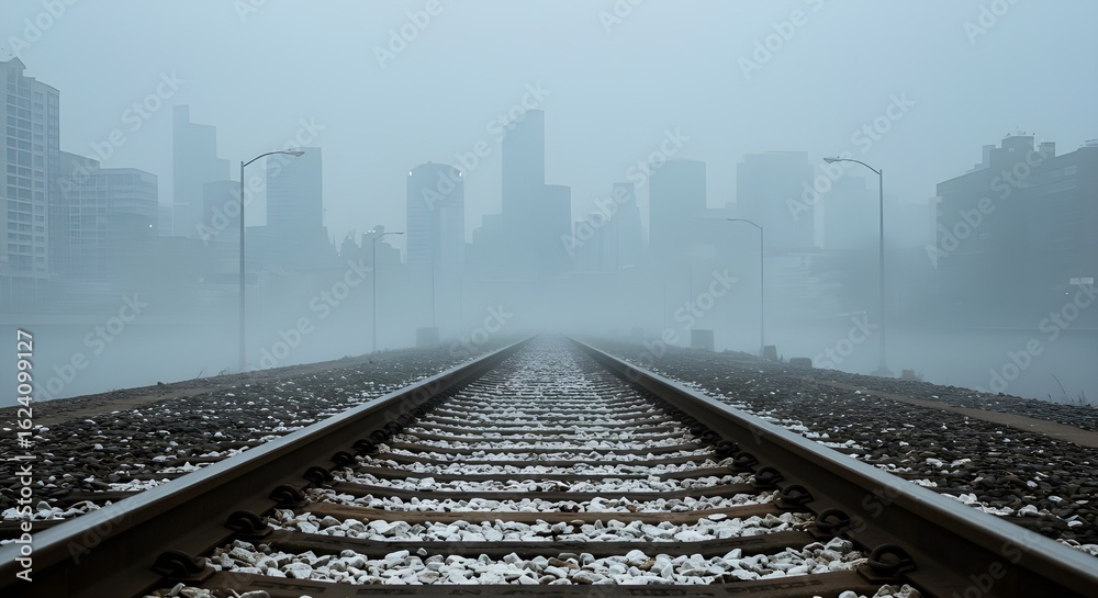 Fototapeta premium Railway Tracks Leading to a Misty Cityscape Silhouette, creating atmospheric depth with urban
