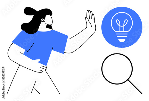 Woman turning away with hand raised, lightbulb as idea metaphor, magnifying glass symbolizing evaluation. Ideal for creativity, decision-making, exploration, feedback, rejection, innovation simple