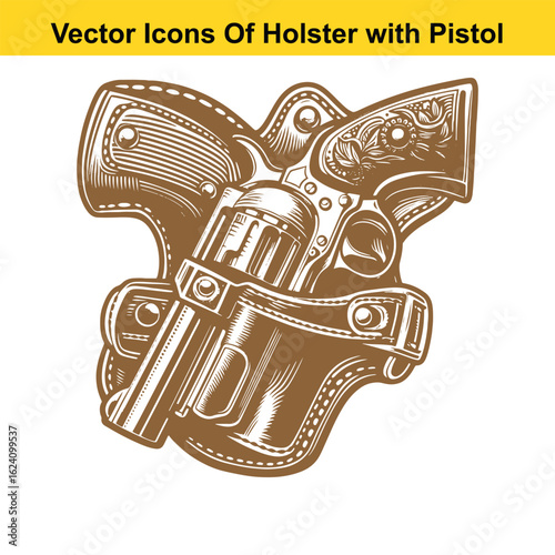 Black and White Vector Illustration of a Western Holster with Revolver Pistol