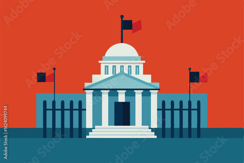 government office building with flags and security.eps