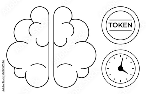 Brain divided in two halves paired with token and clock. Ideal for concepts thumbs up cognitive process, decision-making, time management, focus, planning, efficiency, mental clarity. Simple flat