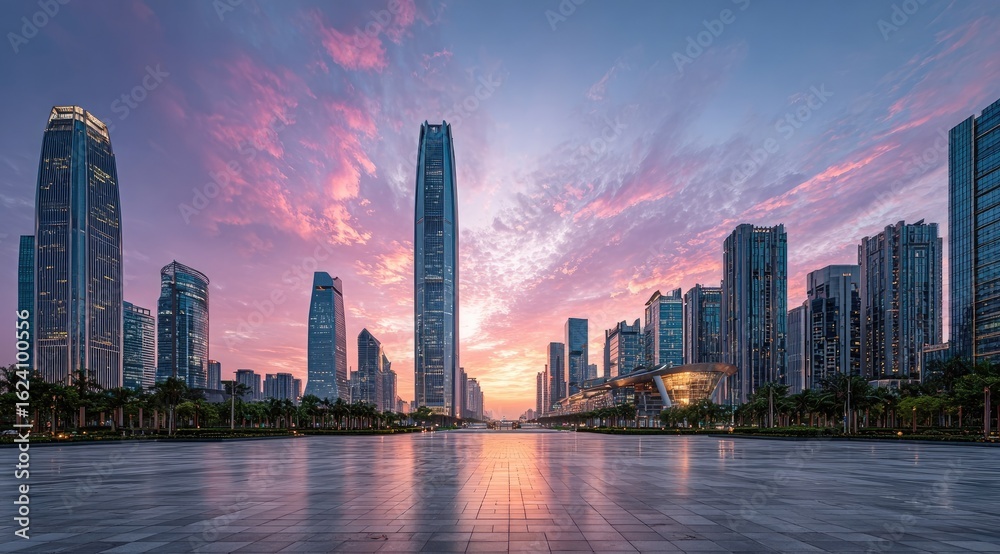 Fototapeta premium City skyline at dawn, reflecting on a vast plaza