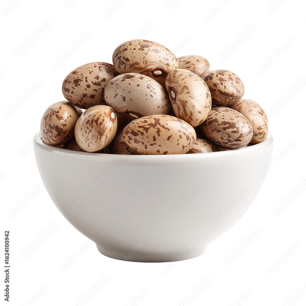 Closeup of raw, uncooked pinto beans with brown speckles in a white ceramic bowl, a healthy food ingredient Closeup of raw, uncooked pinto beans with brown speckles in a white ceramic bowl, a healthy food ingredient