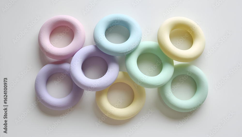 Soft rubber toy rings in desaturated rainbow palette provide safe tactile play in calming muted tones Soft rubber toy rings in desaturated rainbow palette provide safe tactile play in calming muted tones