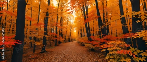 A dense forest in autumn filled with bright orange, red, and yellow leaves, with a sunbeam filtering through the trees onto a leaf-covered trail., 4K Video