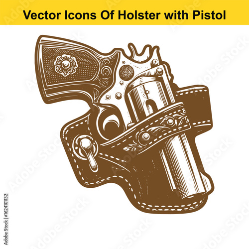 Black and White Vector Illustration of a Western Holster with Revolver Pistol