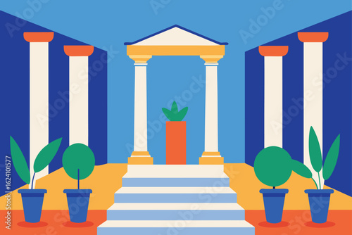 greek house courtyard with columns and plants  .eps