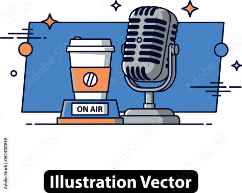 Retro microphone and coffee cup for a morning podcast show on air vector illustration.