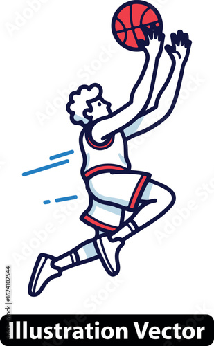 Dynamic basketball player jumping for a layup shot in a line art vector illustration