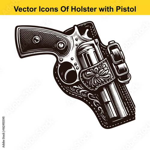 Black and White Vector Illustration of a Western Holster with Revolver Pistol