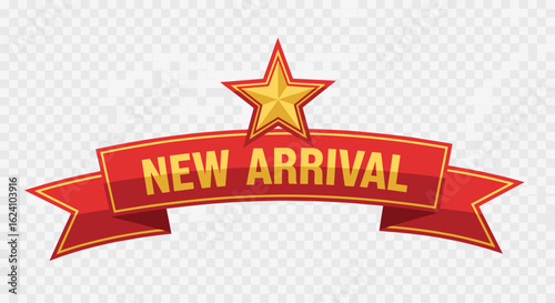 New arrival promotion banner with golden star and red ribbon design for special offers and announcements