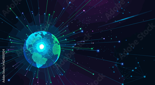 Glowing world globe with radiating lines and starry background creating a futuristic atmosphere image