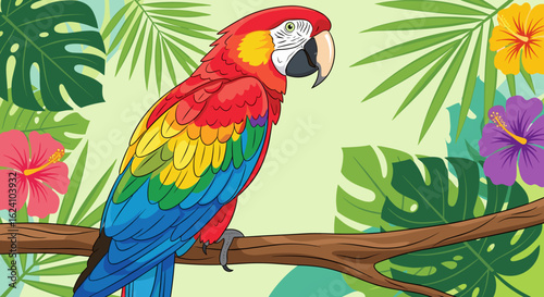 Colorful macaw perched on a branch surrounded by tropical foliage and vibrant hibiscus flowers in a jungle scene