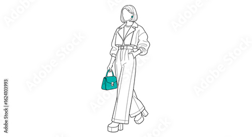 Fashion illustration of a woman wearing a jacket pants and platform shoes holding a green purse walking forward