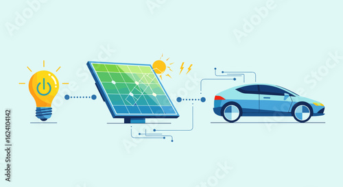 Illustration of electric car powered by solar panel and light bulb on a light blue background
