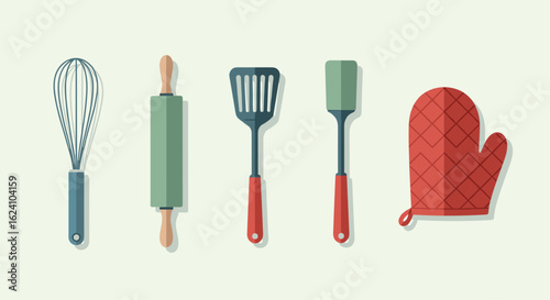 Illustration of kitchen utensils including a whisk rolling pin spatulas and an oven mitt on light background