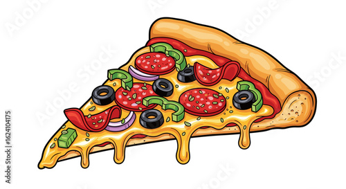 A single slice of pizza with pepperoni olives green peppers and onions with dripping cheese visible