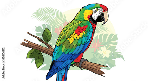 Colorful parrot perched on a branch with tropical foliage in the background detailed illustration