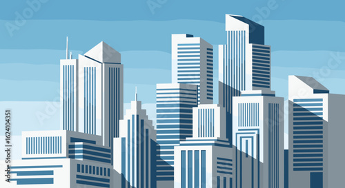 Illustration of a modern city skyline with various skyscrapers against a blue sky during the daytime