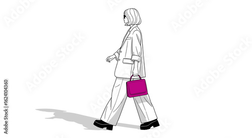 Illustration of a woman walking in a suit with a pink purse and platform shoes in black and white