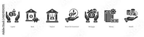 Asset Growth banner web icon set vector illustration concept with icon of capital, bank, deposit, return on investment, mortgage, money, wealth