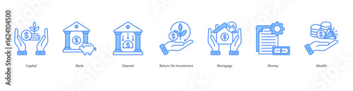 Asset Growth banner web icon set vector illustration concept with icon of capital, bank, deposit, return on investment, mortgage, money, wealth