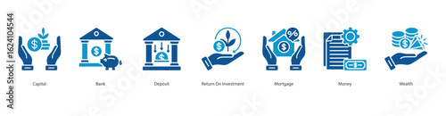 Asset Growth banner web icon set vector illustration concept with icon of capital, bank, deposit, return on investment, mortgage, money, wealth