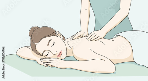 Woman receiving a back massage from a therapist in a spa setting with a relaxed and peaceful atmosphere