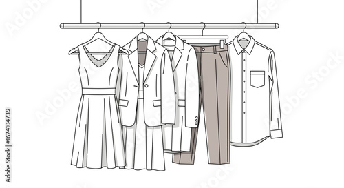 Illustration of a dress, blazer, pants, and shirt hanging on a clothing rack with hangers neatly arranged