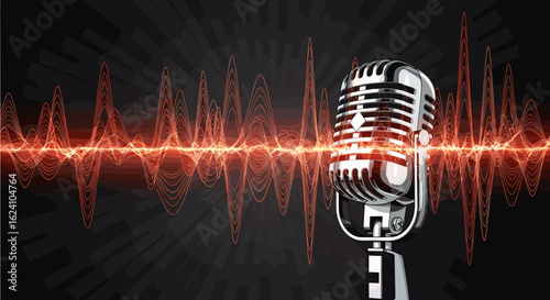 A shiny vintage microphone stands out against a dark backdrop with vibrant red sound waves displayed 100