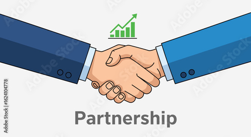 Illustration of a handshake with a green upward trending graph symbolizing a successful partnership deal