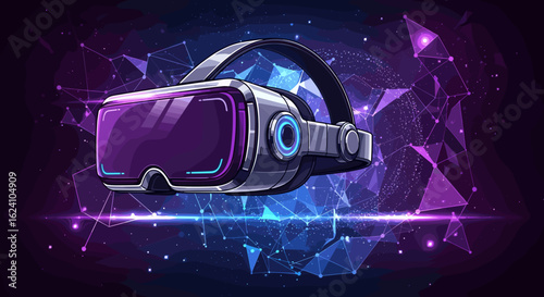 Virtual reality headset floating against a geometric and cosmic purple and blue background design
