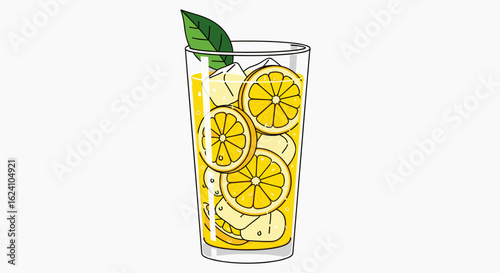 A refreshing glass of lemonade filled with lemon slices ice cubes and garnished with a green leaf detail