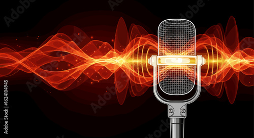 Vintage microphone with glowing sound waves on a black background for audio recording studio use