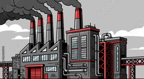 Illustration of a large industrial factory with multiple smokestacks emitting dark smoke into the sky
