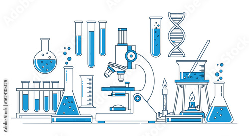 Illustration of scientific laboratory equipment including microscope and glassware with blue liquid